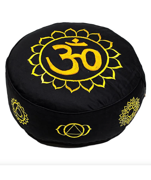 Coussin de Méditation 7 Chakras & Om Noir et Or sur le site 