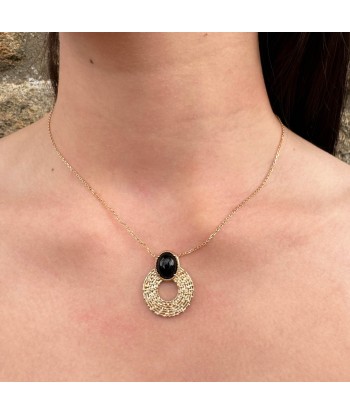 Collier Naroa pierre agate noire motif strié plaqué or prix pour 