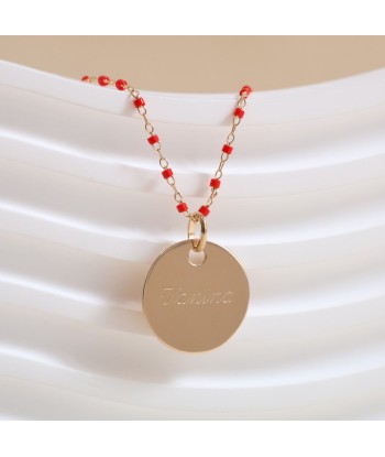 Collier Sora rouge et médaille 19mm à graver plaqué or Vous souhaitez 